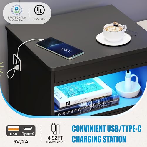 Image of Nightstand with Gun Drawer, Charging Bedside Table with USB-A & Quick-Charge Type-C Port, LED Night Stand with Soft Glow Human Sensor Light, Modern End Table with Drawers for Bedroom Office, Black