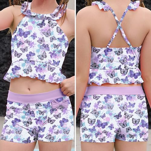 Image of CHILDRENSTAR Little Girls Tankini Swimsuit 2 Pieces Bathing Suit for Kids | Quick-Dry Cross-Back Adjustable Ruffles with Bow Decor Swimming Tankini and Short For Beach and Pool