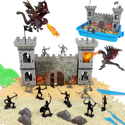 Hiawbon Medieval Castle Knight Dragon Sensory Bin, Dragon Sandbox Sand Kit Set with 2.2lb Sensory Sand, Medieval Knight Castle Model Assembly Sand Art kit for Birthday Party Gift