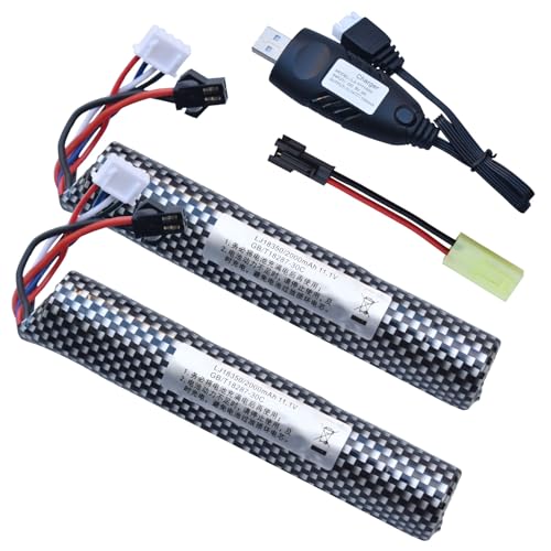 funkawa Airsoft Gel Blaster 11.1V 2000mAh Battery, Water Bead Ball Splatter Batteries with SM-2P Plug to Mini Tamiya Connector and Charger for Airsoft Gel Ball Blaster(2-Pack)