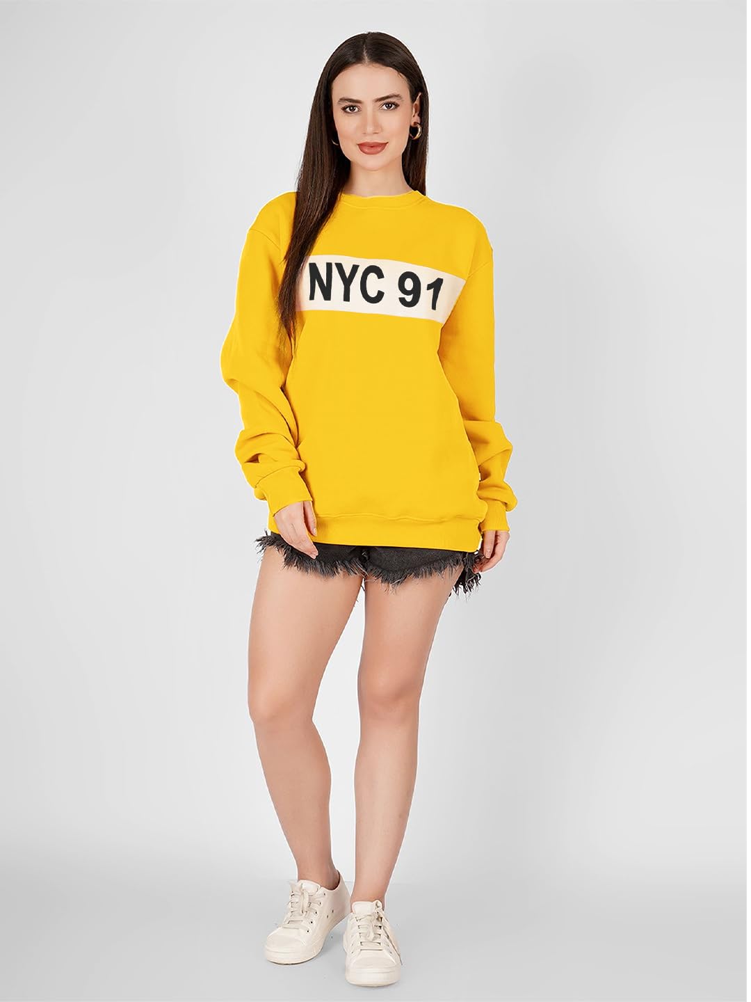 LEOTUDE Women's Loose Fit Full Sleeve Roundneck Loopknit Sweatshirt (GRL_Navy_Star_P_Mustard_M) - Image 4 thumbnail