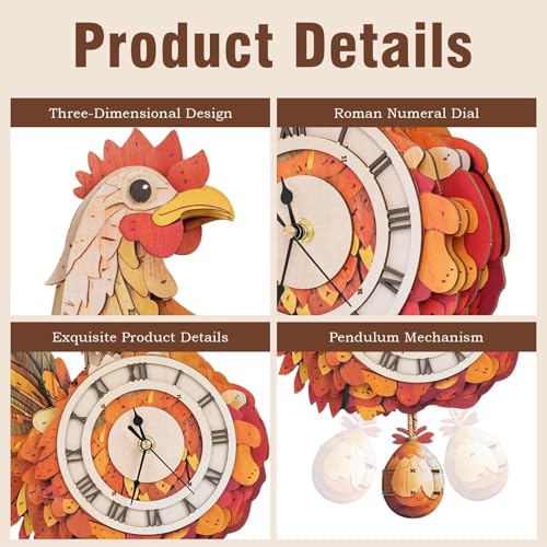 Kosmickiss 3D Wooden Puzzles for Adults-Retro Hen Wall Clock with Swinging-Mechanical Wooden DIY Clock Kit-Wooden Models for Adults to Build-Vintage Home Decor — view 4