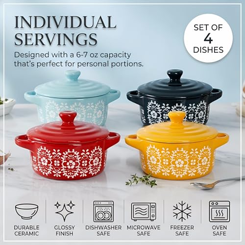Image of Goaste 4 Pack Porcelain Ramekins with Lids, 7 OZ Mini Casserole Dish with Handles, Round Ceramic Cocotte Bowl Set, Individual Small Baking Dish for Souffle, Creme Brulee, Lava Cake, Soup (4 Colors)