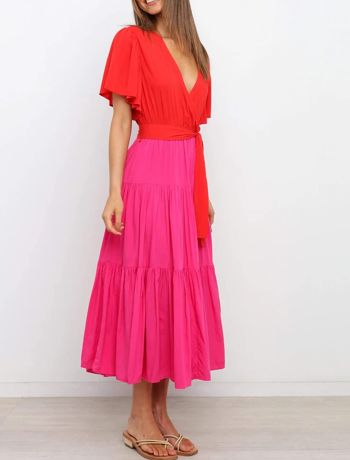 R.Vivimos Summer Dress for Women Cotton Ruffle Short Sleeves V Neck Casual Flowy Midi Dress with Belt