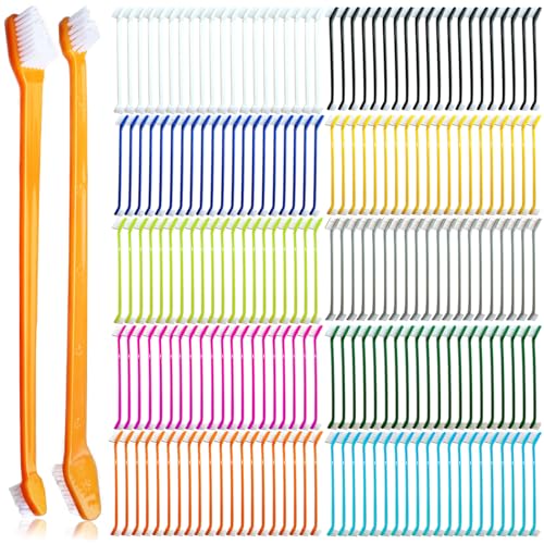 Image of 200 Pcs Dog Toothbrush Cat Tooth Brushes Bulk, Double Sided Brushing Kit, Teeth Cleaning Kit Soft Bristles Long Handle, Pet Tooth Brush for Small to Large Dog, Cat, Puppy & Kitten, 10 Colors