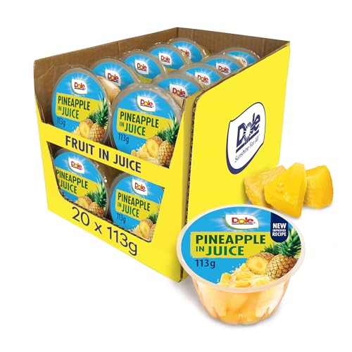Dole Pineapple in Juice Fruit Pots 20 x 113g, Fresh Fruit Chunks, Healthy Snack, No Added Sugar Fruit Bowls, Perfect for Breakfast & Dessert or Adding to Recipes, Made with Real Pineapple