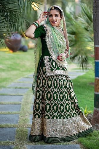 Image of Fancy Heavy Embroidery Work Shimmer Silk Semi-stitched Rajasthani Poshak Rajputi Lehenga Choli For Women