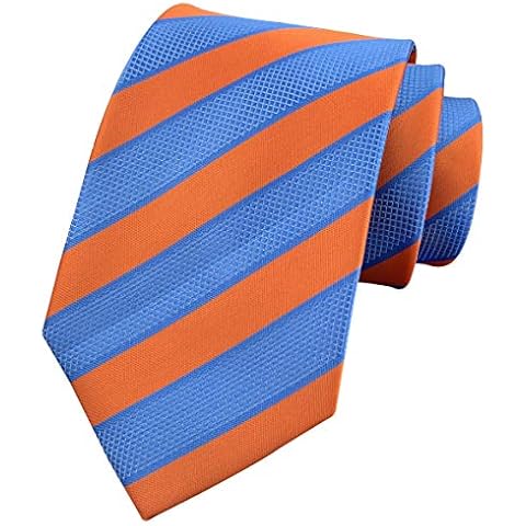 Secdtie Men's Large Striped Jacquard Woven Silk Tie Formal Business Necktie, Blue Orange, One size Cover