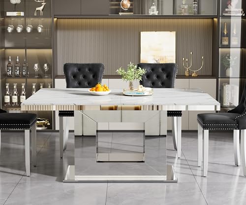 Image of 94.5 inch Rectangular Dining Table for 6 8 10, Modern White Extendable Kitchen Table, Large Long Dining Room Table with Mirrored Pedestal for Dining Kitchen Living Room