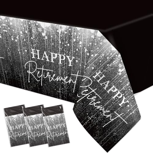 FVABO Retirement Party Decorations Tablecloth 3Pcs Disposable Silver and Black Happy Retirement Decorations Table Cover Supplies for Women Man 55in x 86in