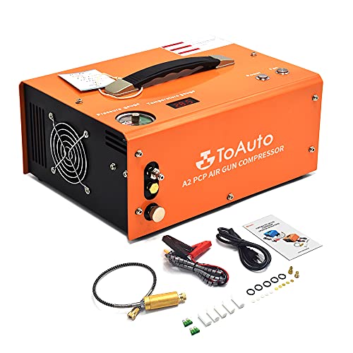 TOAUTO A2 PCP Air Compressor, Auto-Stop, Portable 4500Psi/30Mpa, Oil/Water-Free, 8MM Quick-Connector HPA Compressor for Paintball/PCP Air Rifle/Scuba Tank, Powered by Home 110V AC or 12V Car DC