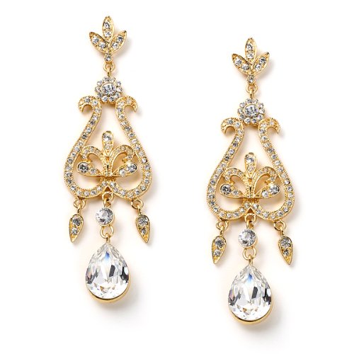 Gold Crystal Rhinestone in Floral Shape with Large Dangle Teardrop Crystal Stone Earrings