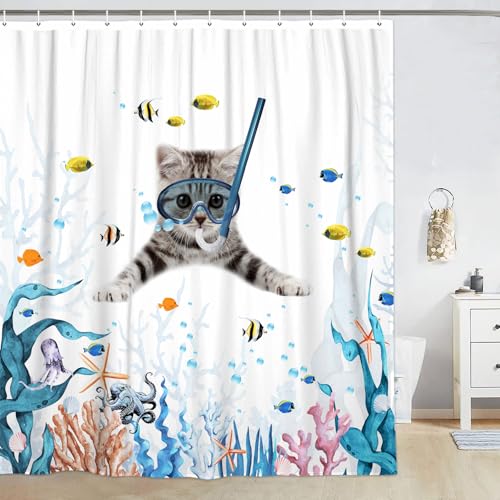 Image of Funny Cat Shower Curtain,Cute Cat Teal Blue Sea OceanShower Curtain Set,Underwater Animal Fabric Shower Curtains for Bathroom with Hooks 72X84inches