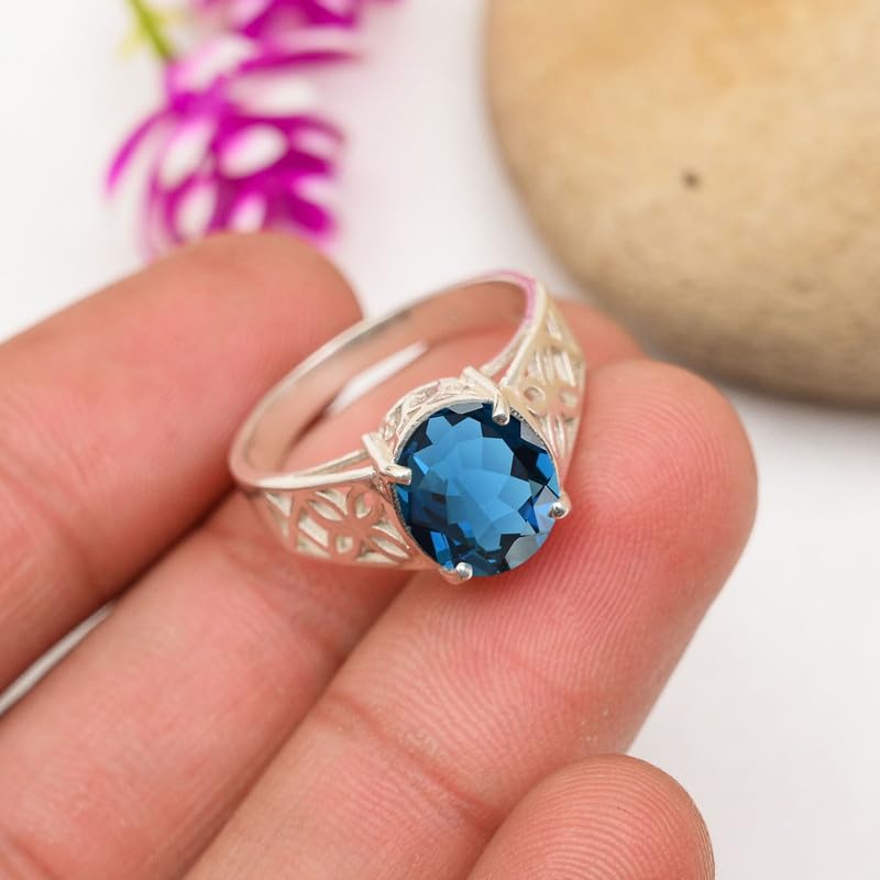 NILOY Topacio azul londinense cultivado en el laboratorioPiedra preciosa 925 anillo hecho a mano de plata de ley 925 para hombres y mujeres Anillo de plata Boho SchmuckPGR-02AZ_47 (15.0), Plata,