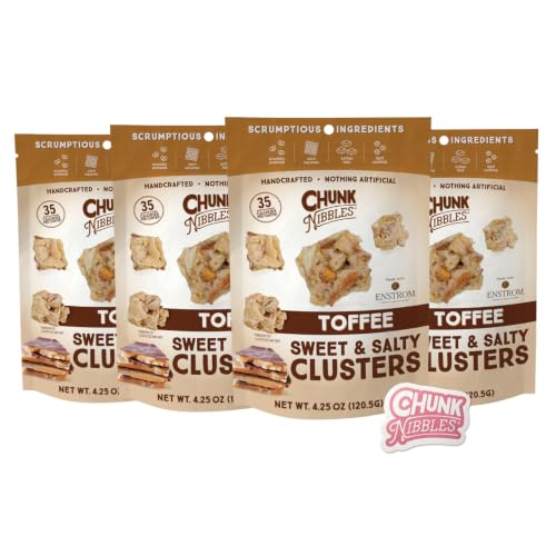 Chunk Nibbles Toffee Snack Clusters and Exclusive Sticker Bundle -Buttery Milk Chocolate Toffee with Pretzels &amp; Corn Squares - Award-Winning Gourmet Treat, Small Batch, Handcrafted - 4.25oz Resealable Pouch (4 Pack)