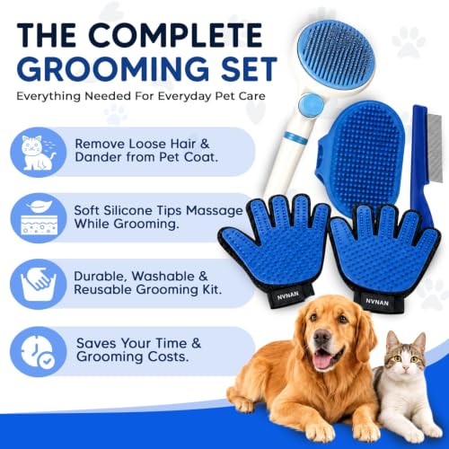Image of NVNAN 5-Piece Dog Grooming Brush Set with Grooming Gloves