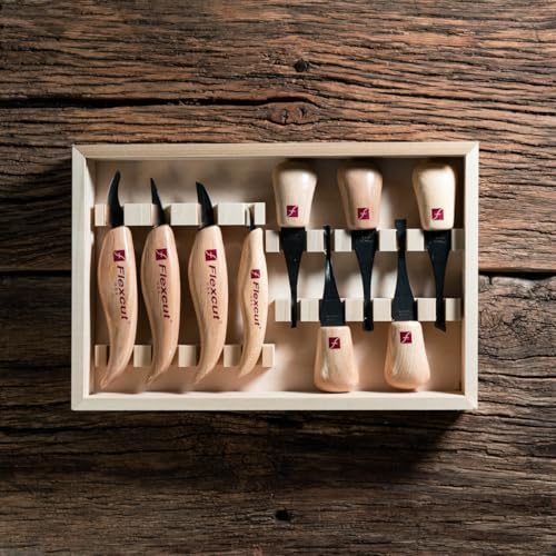 Image of Flexcut Wood Carving Tools | Deluxe Palm & Knife Set | Includes 4 Carving Knives and 4 Palm Tools | 1095 High Carbon Steel Blades | Ash Hardwood Handles | KN700 | Made in the U.S.A.