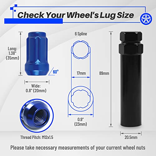 Image of MIKKUPPA M12x1.5 Lug Nuts, Blue 20PCS Closed End Spline Lug Nuts 17mm Hex | Replacement for 1994-2013 Chevy Impala, 1998-2019 Honda Accord /CRV /Civic, 2003-2008 Honda Pilot Aftermarket Wheel