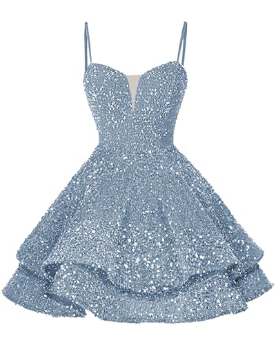 Short Homecoming Dresses for Teens - Tiered Modest Sequin Sparkly HOCO Dresses 2024