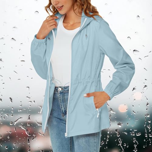 Women's Lightweight Packable Rain Jackets Waterproof Outdoor Raincoat Hooded Hiking Travel Windbreaker with Pockets3