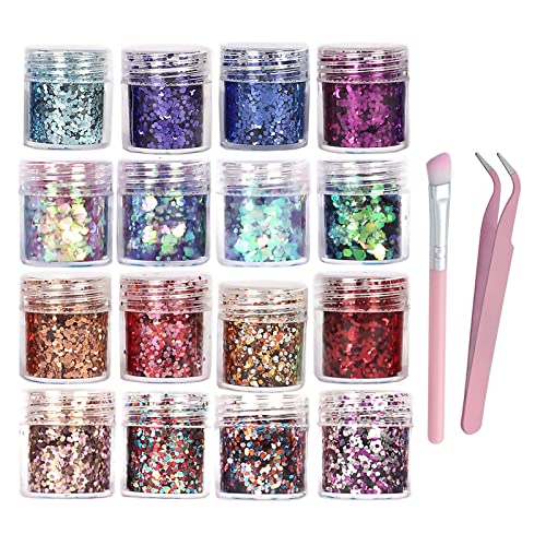 Purpurinas Polvo 16 Colores Lentejuelas Glitter para Uñas Purpurina Maquillaje Corporal para el pelo Rotuladores Purpurina Niñas Brillantes para la cara Maquillaje Festival Decoracion de Uñas