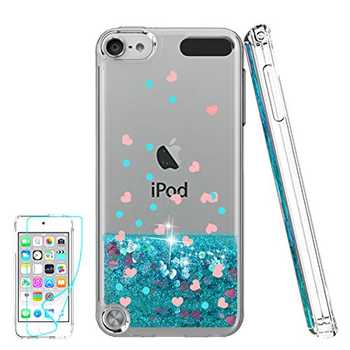 iPod Touch 7 Case, iPod Touch 6 Case, iPod Touch 5 Case with HD Screen Protector for Girls, Atump Glitter Liquid Clear Bling TPU Phone Case for Apple iPod Touch 7th/ 6th/ 5th Gen Blue