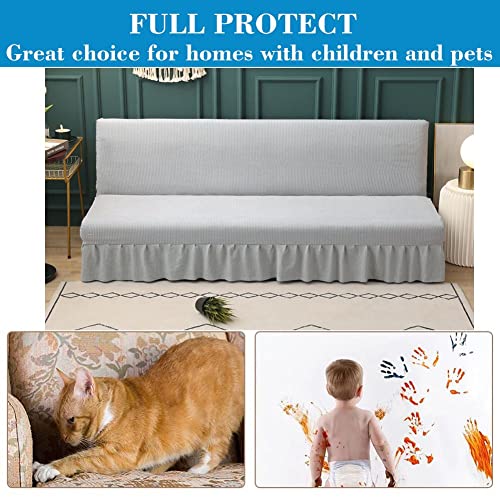 HFCNMY Stretch Armless Futon Cover with Skirt, Knitted Jacquard, Light Grey, Modern Style, Machine Washable, Elastic Bottom, Checkered Pattern, Sofa Cover, Furniture Bed Protector - Image 5
