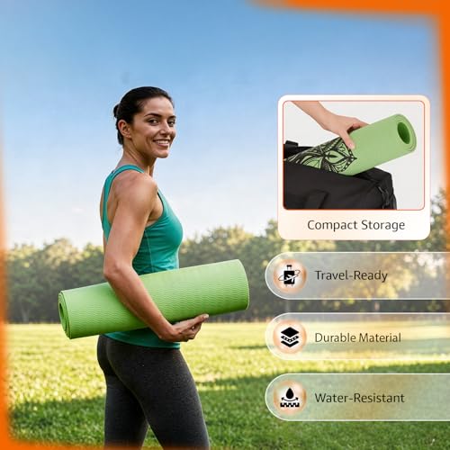 Image of Amazon Basics Printed TPE Yoga Mat with Yoga Strap | 6 mm Thick | Non-Slip Grippy Surface | Lightweight & Flexible Rubber-Like Material | Floor Protection | Ideal for Yoga, Pilates, Stretching & Fitness | 183 x 61 cm | Emerald Green