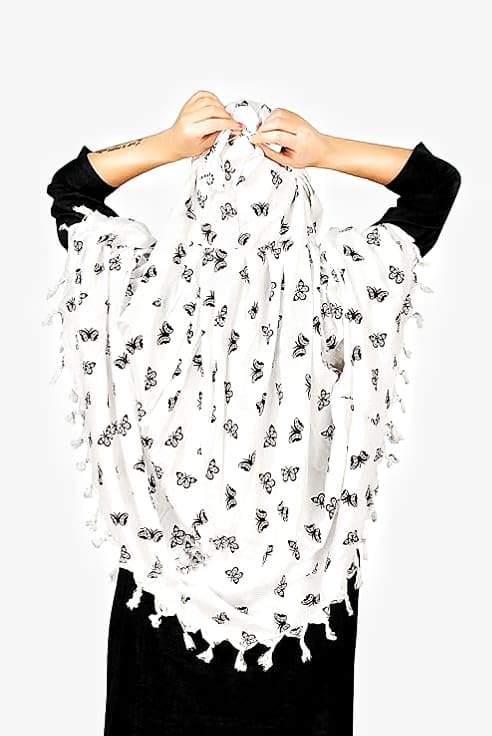 Image of SIXSIGMA Cotton Long Scarf Cum Mask scarves Usable for vehicle Driver | White Printed Design | Universal Size | For Girl & Women | Breathable Sun Protection Light Weight