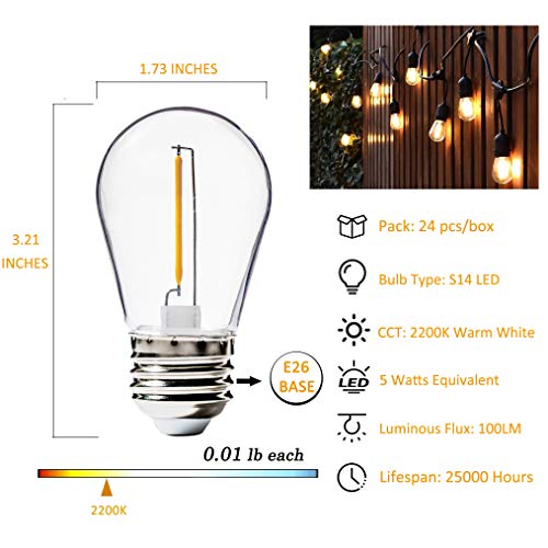 24 Pack LED S14 Replacement Light Bulbs, FLSNT Shatterproof Waterproof 1W Outdoor String Light Bulbs,E26 Regular Base,2200K Warm White,100LM,CRI80,Non-Dimmable - Thumbnail 7