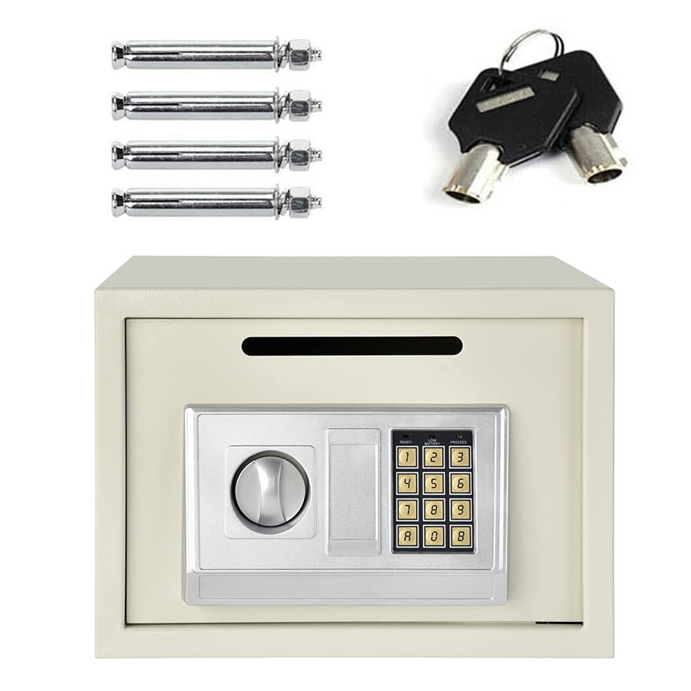 Safe Box, 16L Electronic Digital Security Safe with Keypad and Key, Drop Box WallSafes for Home & Office Protect Cash, Money, Jewelry, Wall And Floor Fixings, 35x25x25cm, White