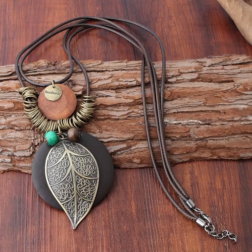 color cosplayer Leather Cord Necklace Vintage Style Wooden Leaf Boho Statement Long Necklace for Women Handmade Jewelry3