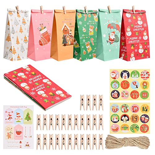 Cozlly 24 Calendrier de l'Avent Sac à Remplir, Noël Calendrier Sacs, Calendrier de l'Avent à Remplir soi-même avec 1-24 Numérique Autocollants, Pinces en Bois, Étiquettes de Noël, 10M Ficelle de jute Cover
