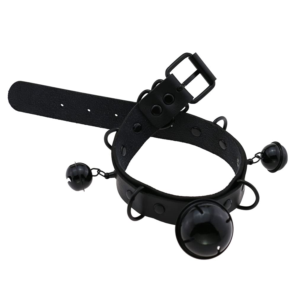 FM FM42 Multicolor PU Simulated Leather Black-tone Silver-tone 4cm Large Bell Rivets Neckband Choker Necklace: Black-tone Bell & Black