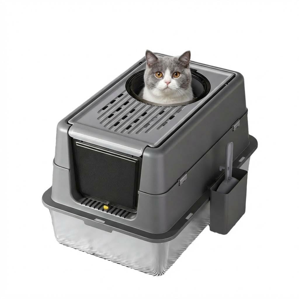 Stainless Steel Cat Litter Tray, Cat Litter Tray with Lid Leak-Proof Benders, Scoop, Easy to Clean, Spacious for Pets, Space-Saving for Homes