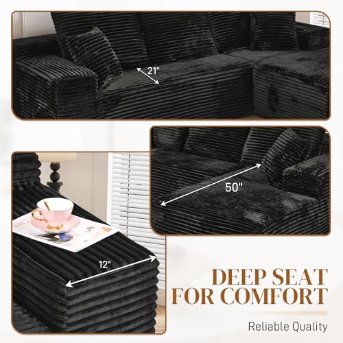 Image of 108 inch L Shaped Boneless Sectional Couches for Living Room, Comfy Corduroy Floor Cloud Sofa with Chaise, Wide Armrest, Deep Seat, Memory Foam, Assembly Free, Ideal for Small Spaces, Black