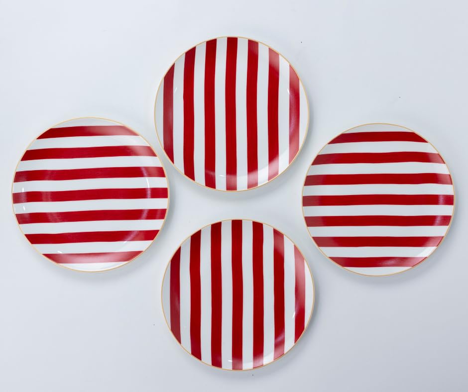 GOLDEN QUEEN'S bone china Snack Plates Set - Pack of 4|Perfect for Small Bites, Desserts, Appetizers, Salads, Tapas, Cheese Boards|7 inches Wide|Microwave Safe - Red Candy Stripes