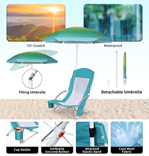Wgos Beach Chair, Beach Chair With Umbrella, Beach Chair For Adults Camping Chair High Back With Umbrella And Cooler, Portable & Lightweight For Beach, Outdoor, Camping (Set Of 2 Blue) #TOP3