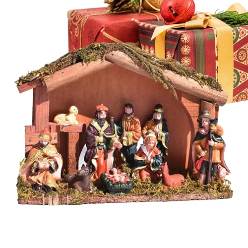 Juego de belén de Navidad – Figuras de madera de la Sagrada Familia, decoración festiva para belén de Navidad, centro religioso de Navidad, decoración de interior hecha a mano, mesa de chimenea