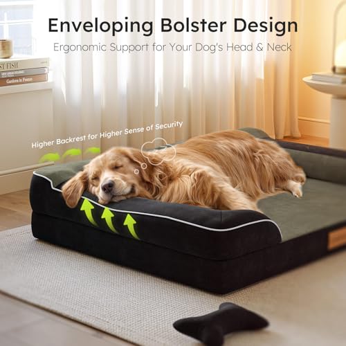 Image of CWAWZ Jumbo Dog Bed for Extra Large Dogs, Orthopedic Dog Bed with Cooling Gel Memory Foam, Waterproof Pet Bed with Removable Washable Cover, 45 inch Pet Sofa Couch Dutch Velvet with Bone Toy, Black