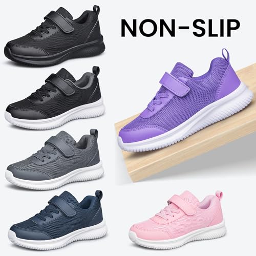 Girls Tennis Shoes Kids Sneakers Lightweight Sports Strap Athletic Shoes for Running Walking Purple Big Kid Size 23