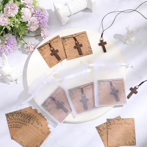 24 Set Wooden Cross Necklace Bulk Christian Gifts with 24 Prayer Necklace Cards 24 Organza Bags Wood Cross Pendant Necklace for Easter Party Men Women Prayer Spiritual Religious Jewelry3
