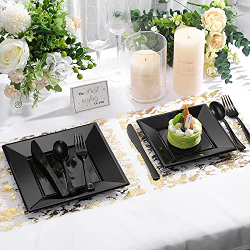 Rtteri 250 Pcs Square Plastic Plates Disposable Plates Plastic Party Square Plates Set Include 50 Dinner Plates 50 Dessert Plates 50 Forks 50 Knives 50 Spoons For Wedding Easter Holiday Party (Black) #TOP4