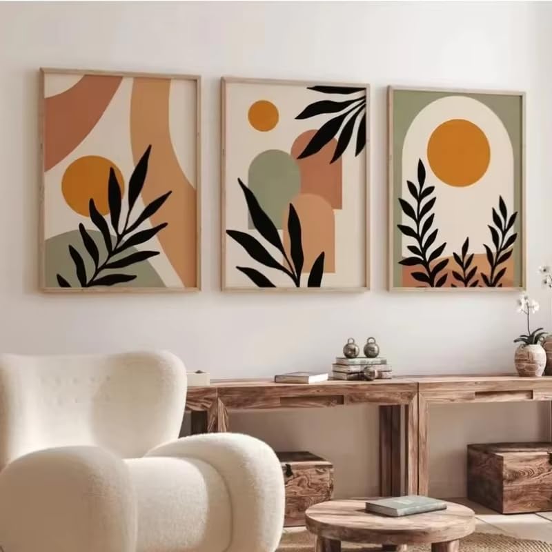 DFZEWKI Tableau abstrait bohème beige et vert terracotta, style nordique, sur toile, motif feuilles, bloc, affiche pour chambre (70 x 90 cm (26 x 35 po) x 3)