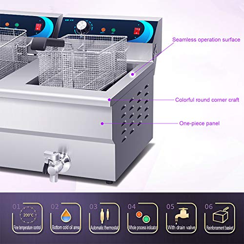 GYX-Décoration Catering Fritteuse, Doppelzylinder Doppelkorb Edelstahl Elektrische Friteuse, Mit Ablassventil,Geeignet… – Bild 3