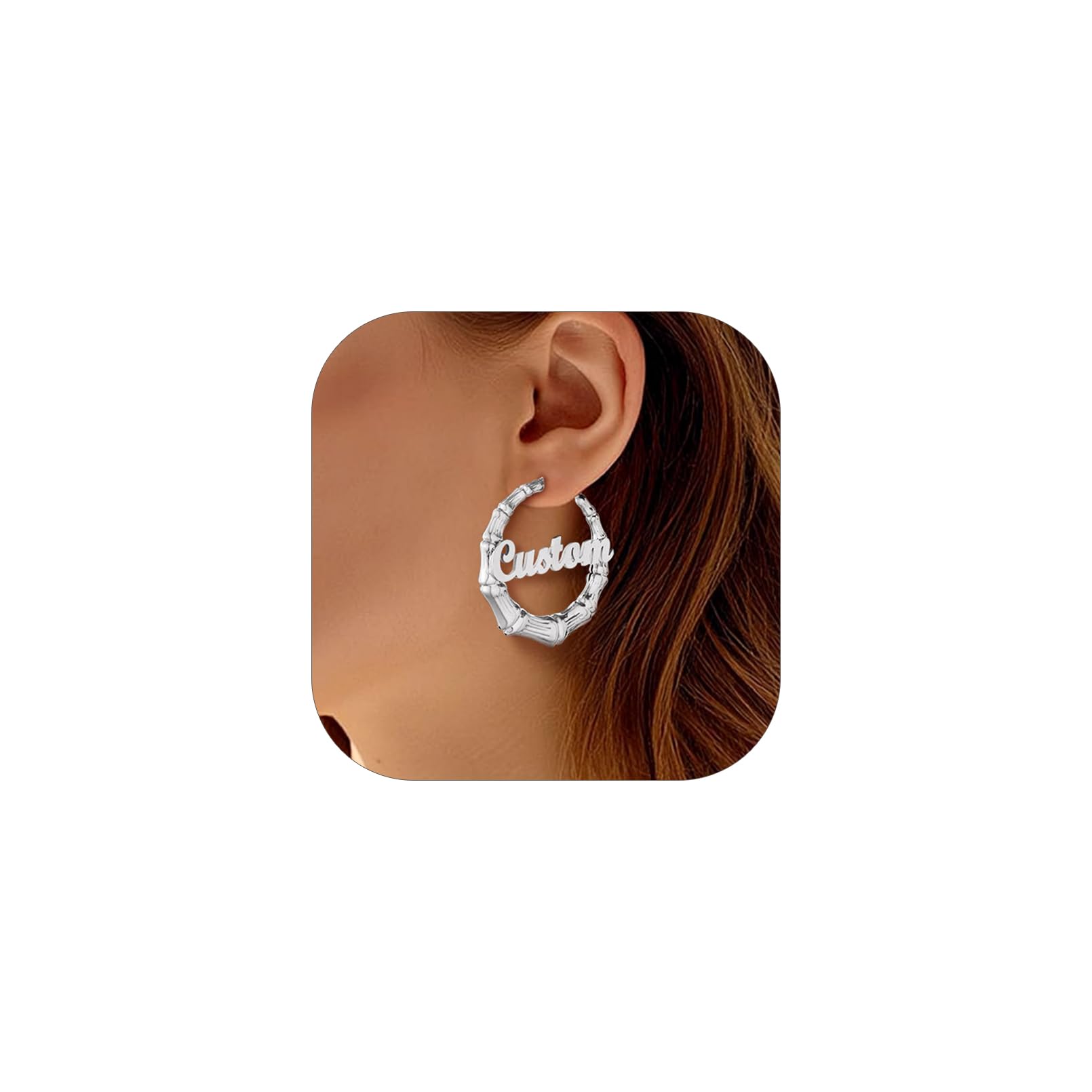 Custom4U Bamboo Earrings for Women Personalized Gold Hoop Name Earrings