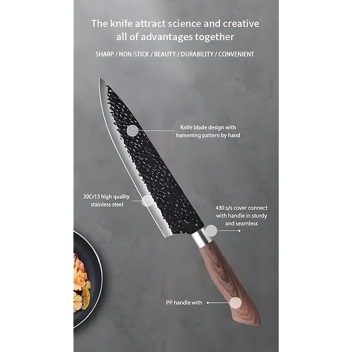Image of Marco Almond 6 Pieces Professional Kitchen Knives Set,High Carbon Steel Forged Kitchen Knife Set,BBQ Meat Knives for Cooking,Sharp Chef Knife Set for Chef Cooking Paring Cutting Slicing(WOODAN)