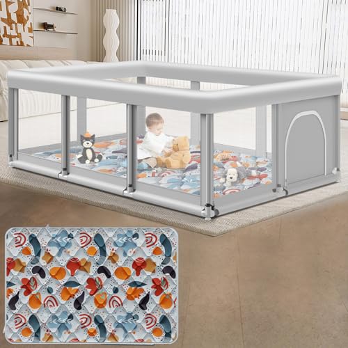 Image of Large Baby Playpen with Mat, 74" ×50", Large Play Yards Indoor & Outdoor, Sturdy Safety Baby Play Pen with Soft Breathable Mesh, Toddlers Play Pen with Anti-Slip Base, Mat Included