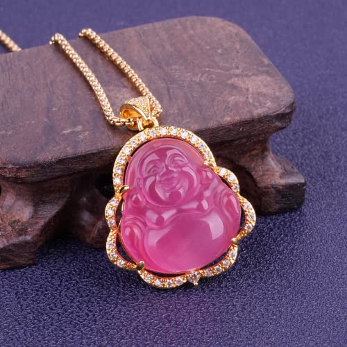 Image of ASGIFT Laughing Buddha Necklace Cubic Zirconia Green Jade Buddha Pendant with 18K Gold Plated Chain Lucky Buddha Necklace Jewelry Gift