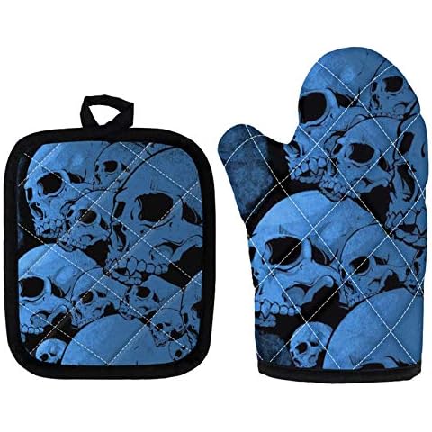 HUGS IDEA Gothic Blue Skull Oven Mitt Set Cover